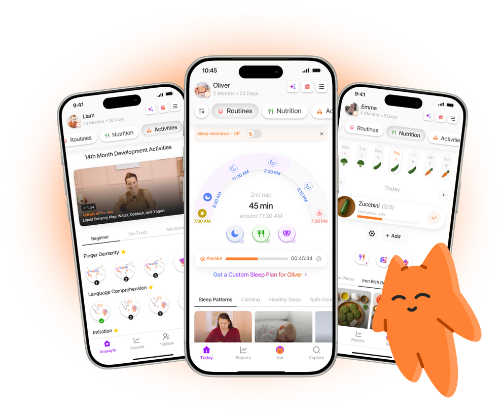 Yuppo Star sleep, nutrition and activity screens on three phones